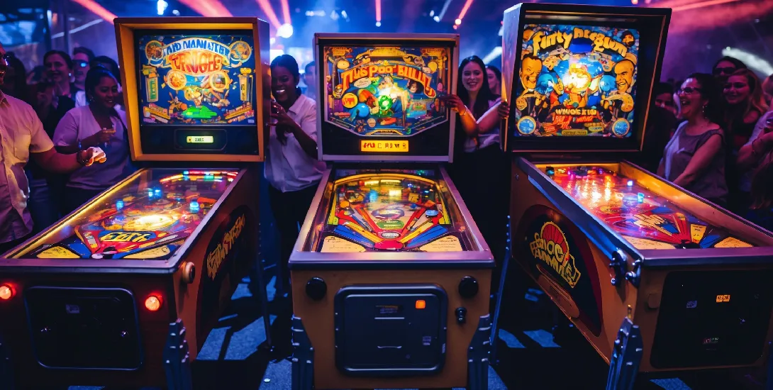 Lśniące, kolorowe flippery gotowe do gry na evencie.