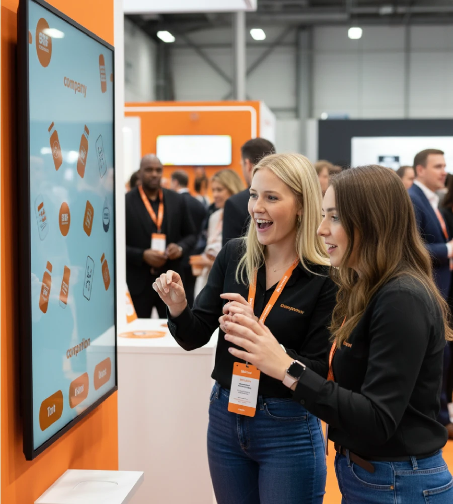 Osoby grające w spersonalizowaną grę eventową na dużym ekranie dotykowym.