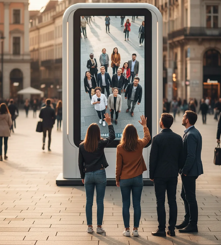 Dwie grupy ludzi w różnych miastach połączone za pomocą wielkiego ekranu - Portalu Międzymiastowego.