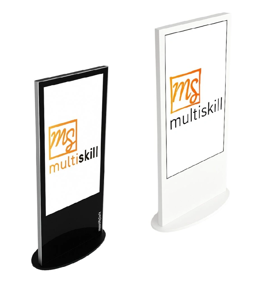 Dwa eleganckie infokioski interaktywne na nowoczesnej przestrzeni eventowej.