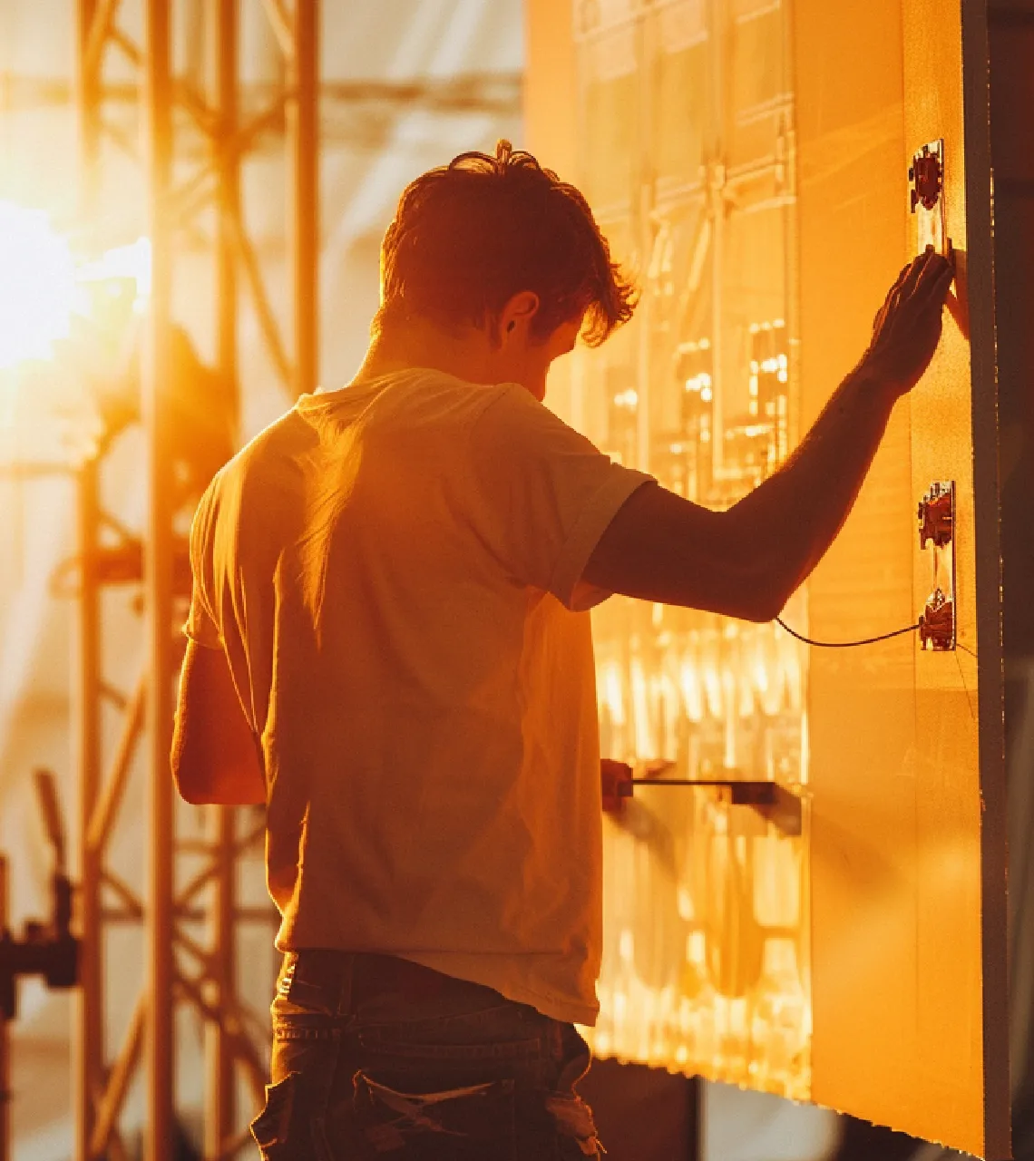 Technik MultiSkill pracujący przy oświetleniu eventowym